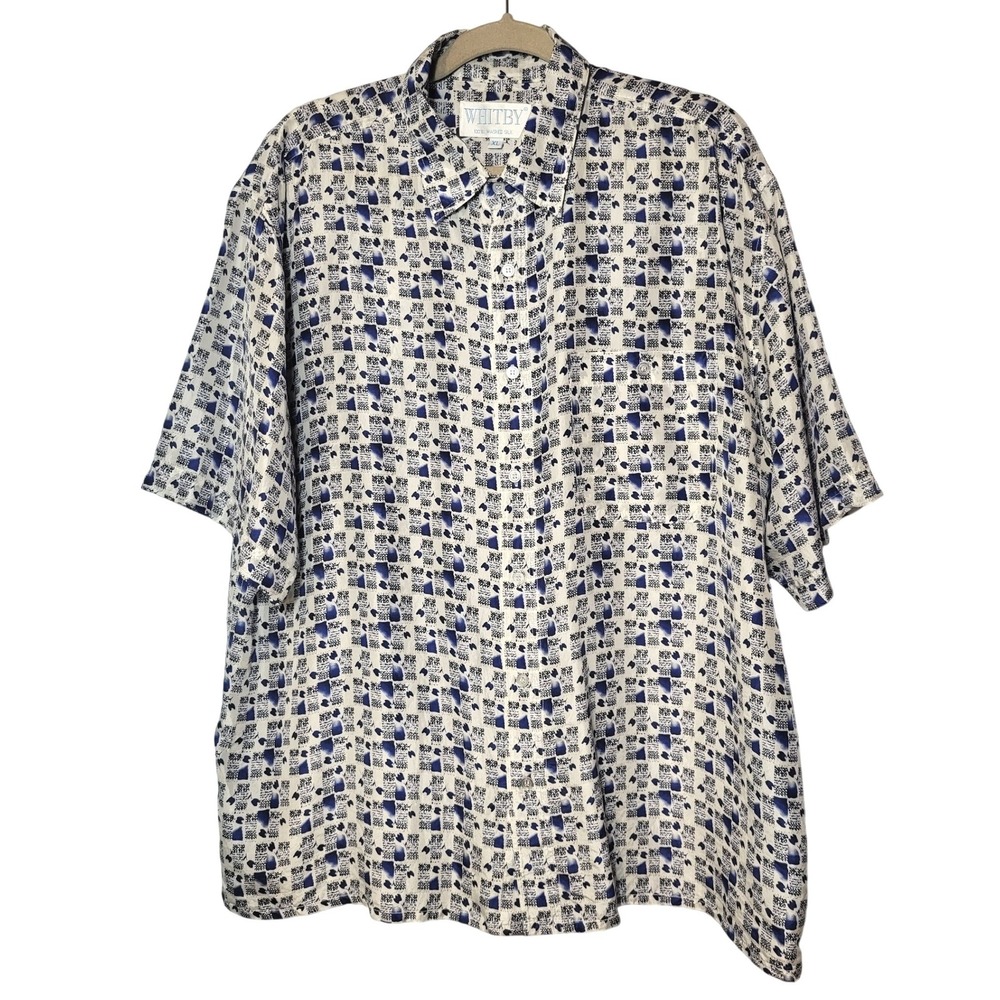 Whitby Mens XL Washed Silk Short Sleeve Button Down Shirt Blue White Abstract